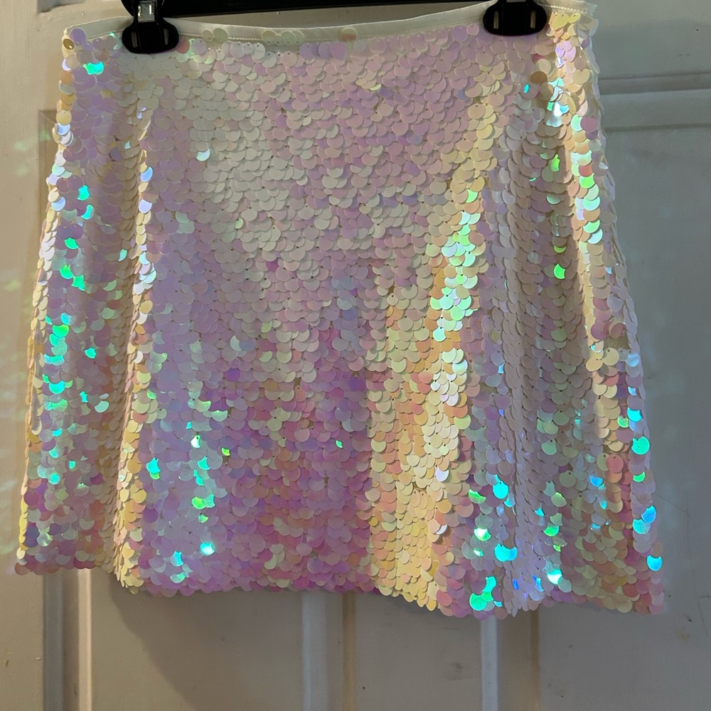 Zara Iridescent Sequin Skater Skirt - White with Pink & Aqua Sheen